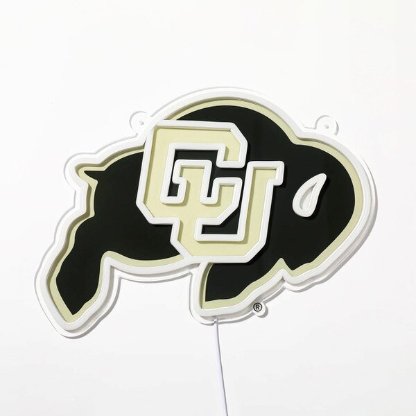 CU Buffaloes LED wall light in the shape of the Colorado Buffaloes logo with white border and attached power cord